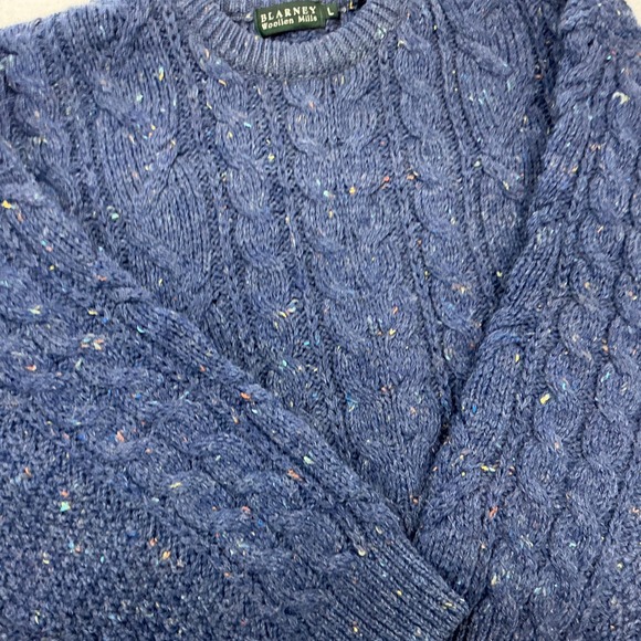 Blarney Woollen Mills Mens Blue Donegal Cable Knit Sweater Large Irish Wool - Picture 3 of 8